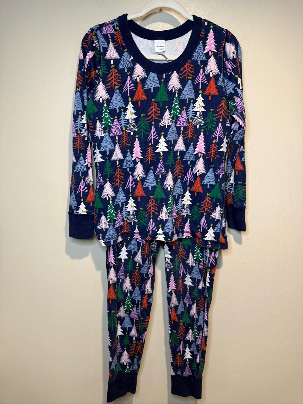 Hanna Andersson Unisex Long John Pajamas Top size large Twinkly Trees on Navy
